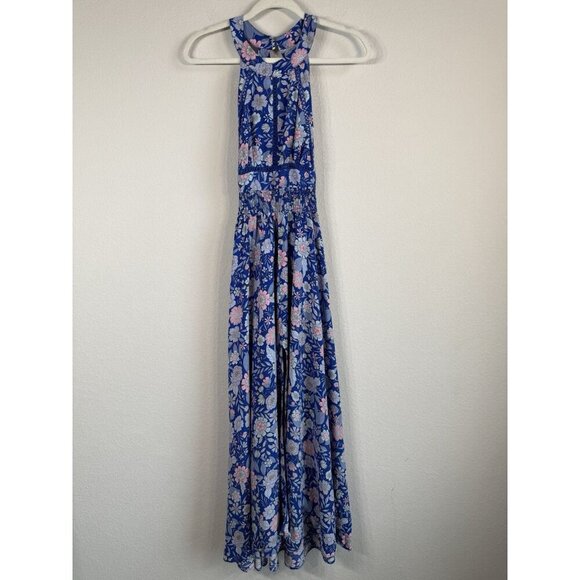 Abel the Label Blue Bell Cottage Floral Maxi Halter Backless Tie Back Dress Sz M - Picture 1 of 16
